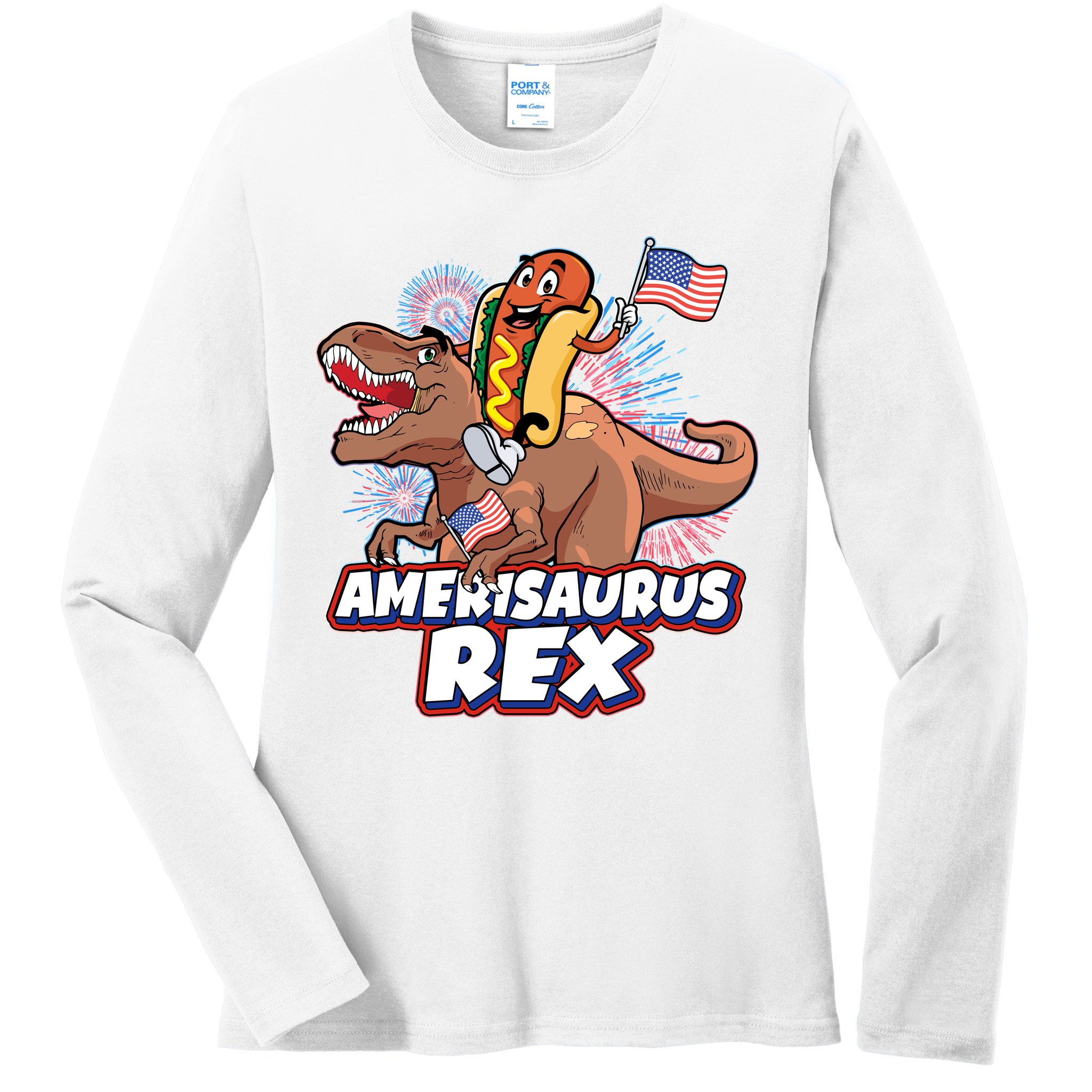Funny Hotdog Riding Amerisaurus Rex Dinosaur Ladies Long Sleeve Shirt