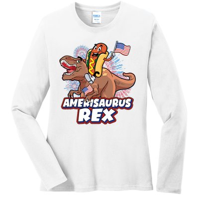 Funny Hotdog Riding Amerisaurus Rex Dinosaur Ladies Long Sleeve Shirt