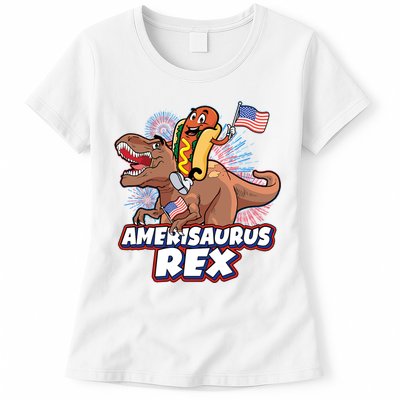 Funny Hotdog Riding Amerisaurus Rex Dinosaur Womens T-Shirt