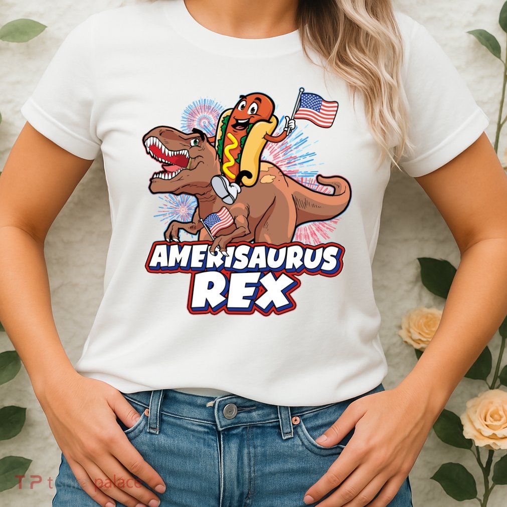 Funny Hotdog Riding Amerisaurus Rex Dinosaur Womens T-Shirt