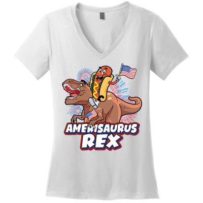 Funny Hotdog Riding Amerisaurus Rex Dinosaur Women's V-Neck T-Shirt