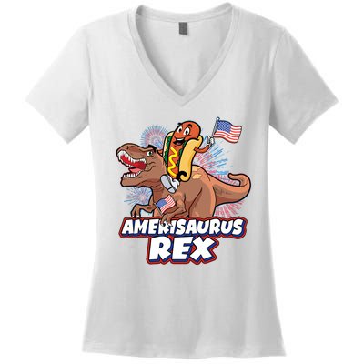 Funny Hotdog Riding Amerisaurus Rex Dinosaur Women's V-Neck T-Shirt