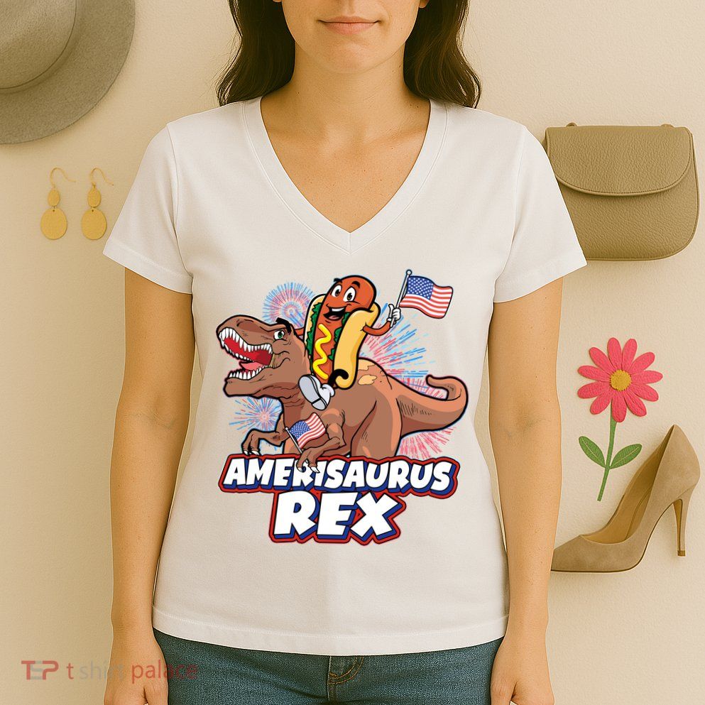 Funny Hotdog Riding Amerisaurus Rex Dinosaur Women's V-Neck T-Shirt