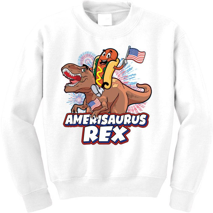 Funny Hotdog Riding Amerisaurus Rex Dinosaur Kids Sweatshirt