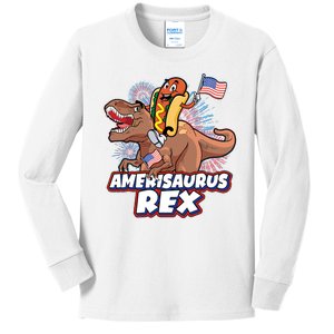 Funny Hotdog Riding Amerisaurus Rex Dinosaur Kids Long Sleeve Shirt