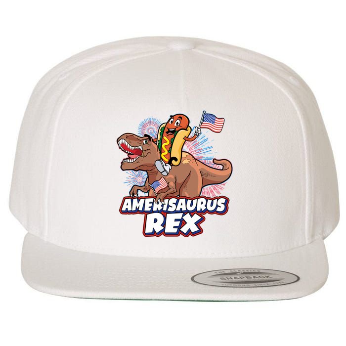 Funny Hotdog Riding Amerisaurus Rex Dinosaur Wool Snapback Cap