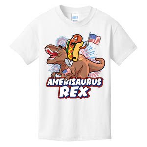 Funny Hotdog Riding Amerisaurus Rex Dinosaur Kids T-Shirt