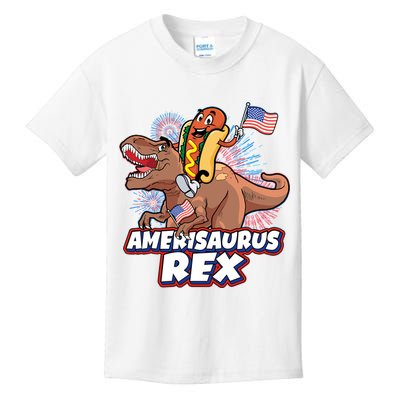 Funny Hotdog Riding Amerisaurus Rex Dinosaur Kids T-Shirt