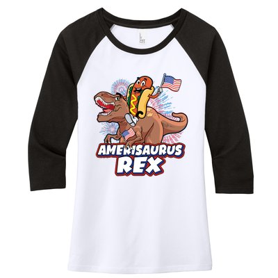 Funny Hotdog Riding Amerisaurus Rex Dinosaur Women's Tri-Blend 3/4-Sleeve Raglan Shirt