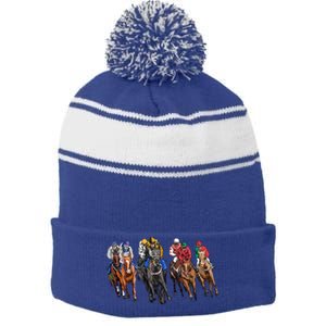 Funny Horse Racing Jockey Racer Derby Rider Race Track Funny Gift Stripe Pom Pom Beanie