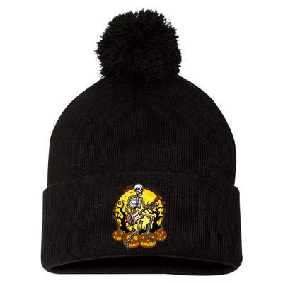 Funny Halloween Rocker Skeleton Rock With Electric Guitar Pom Pom 12in Knit Beanie