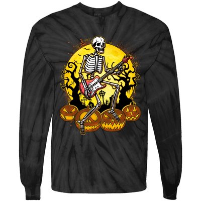 Funny Halloween Rocker Skeleton Rock With Electric Guitar Tie-Dye Long Sleeve Shirt