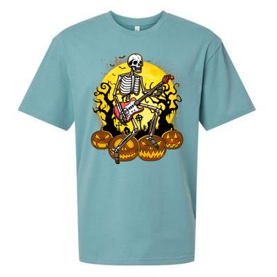 Funny Halloween Rocker Skeleton Rock With Electric Guitar Sueded Cloud Jersey T-Shirt