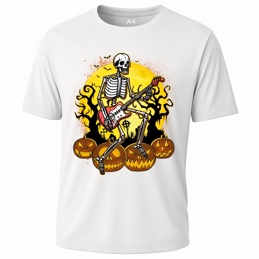 Funny Halloween Rocker Skeleton Rock With Electric Guitar Cooling Performance Crew T-Shirt