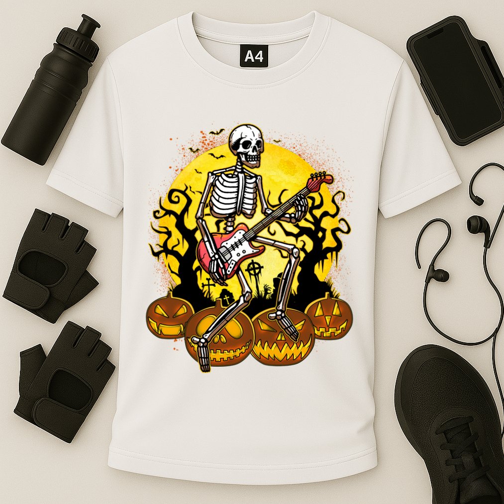 Funny Halloween Rocker Skeleton Rock With Electric Guitar Cooling Performance Crew T-Shirt