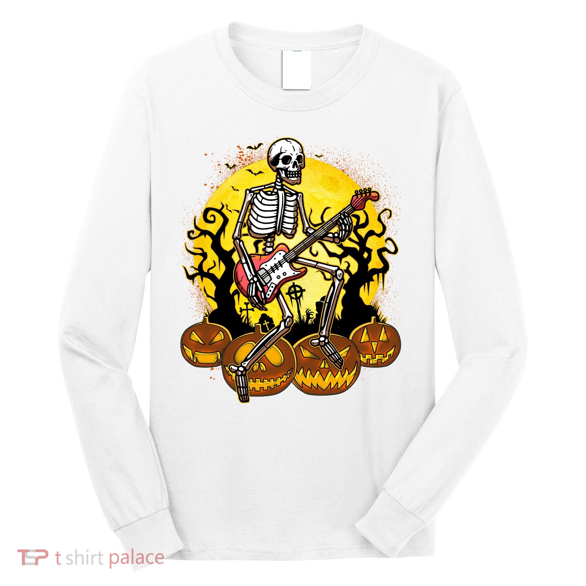 Funny Halloween Rocker Skeleton Rock With Electric Guitar Long Sleeve Shirt
