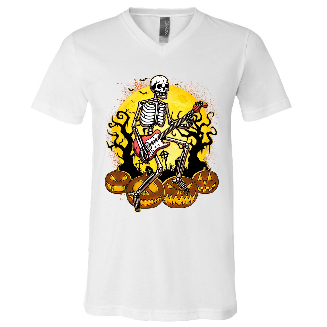 Funny Halloween Rocker Skeleton Rock With Electric Guitar V-Neck T-Shirt