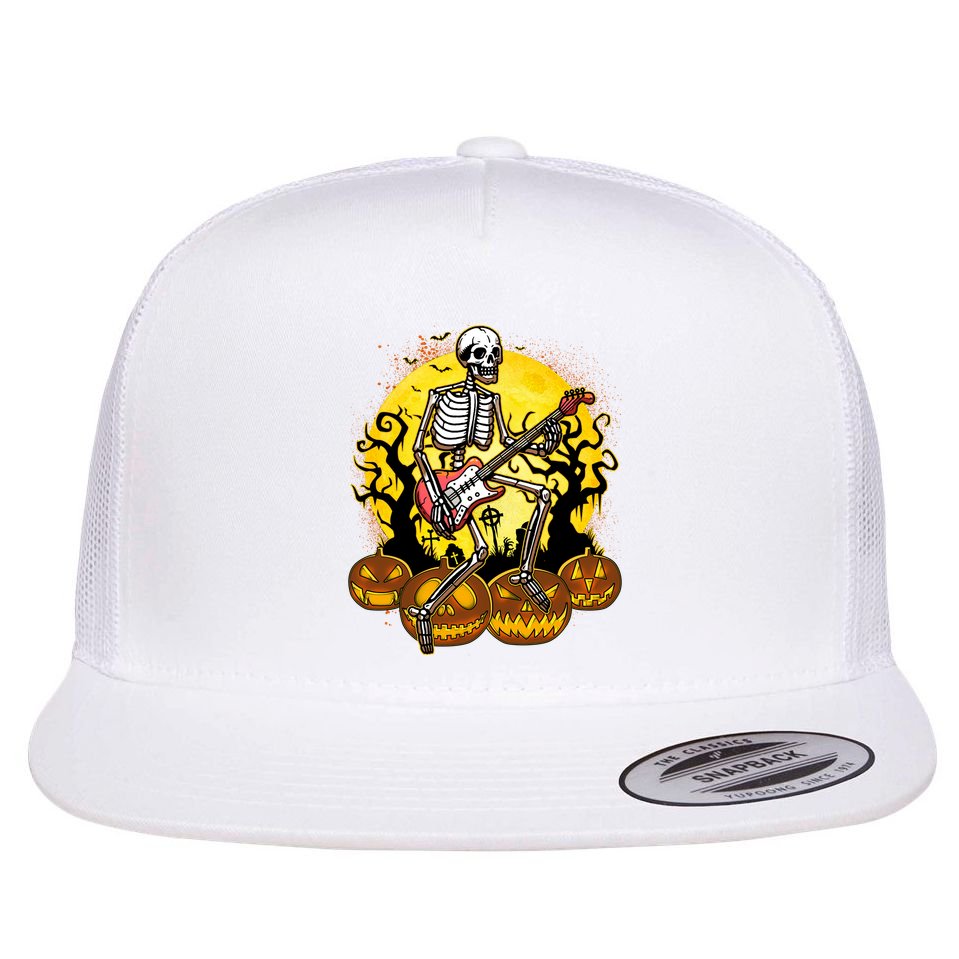 Funny Halloween Rocker Skeleton Rock With Electric Guitar Flat Bill Trucker Hat