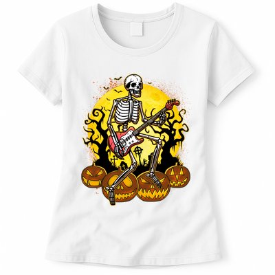 Funny Halloween Rocker Skeleton Rock With Electric Guitar Womens T-Shirt