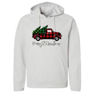 Festive Holiday Red Truck Delivering Christmas Trees Performance Fleece Hoodie