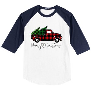 Festive Holiday Red Truck Delivering Christmas Trees Baseball Sleeve Shirt