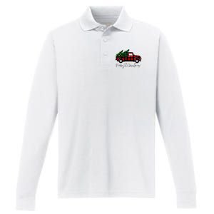 Festive Holiday Red Truck Delivering Christmas Trees Performance Long Sleeve Polo