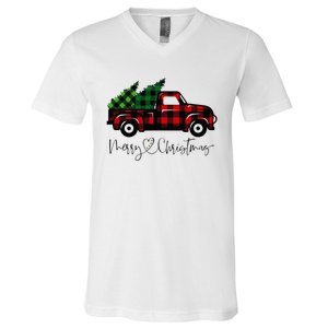 Festive Holiday Red Truck Delivering Christmas Trees V-Neck T-Shirt