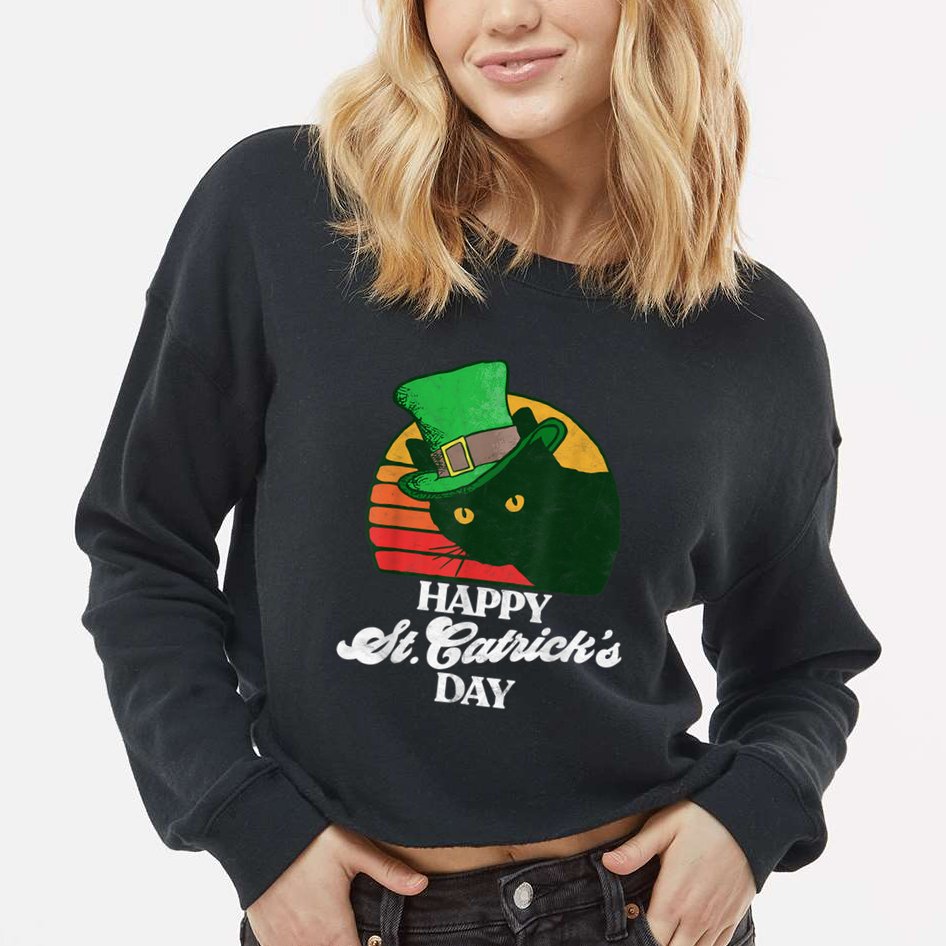 Funny Happy St CatrickS Day 80S St Patricks Cat Retro Cropped Pullover Crew