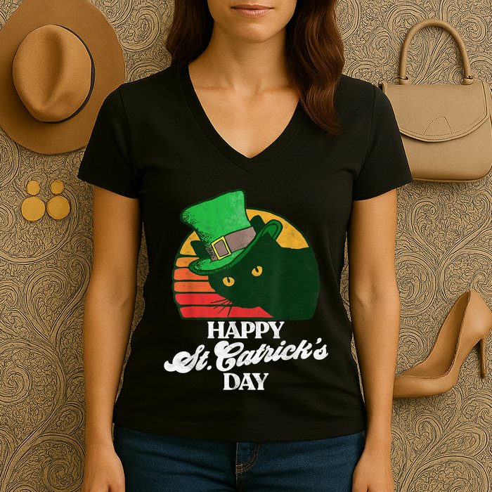 Funny Happy St CatrickS Day 80S St Patricks Cat Retro Women's V-Neck T-Shirt