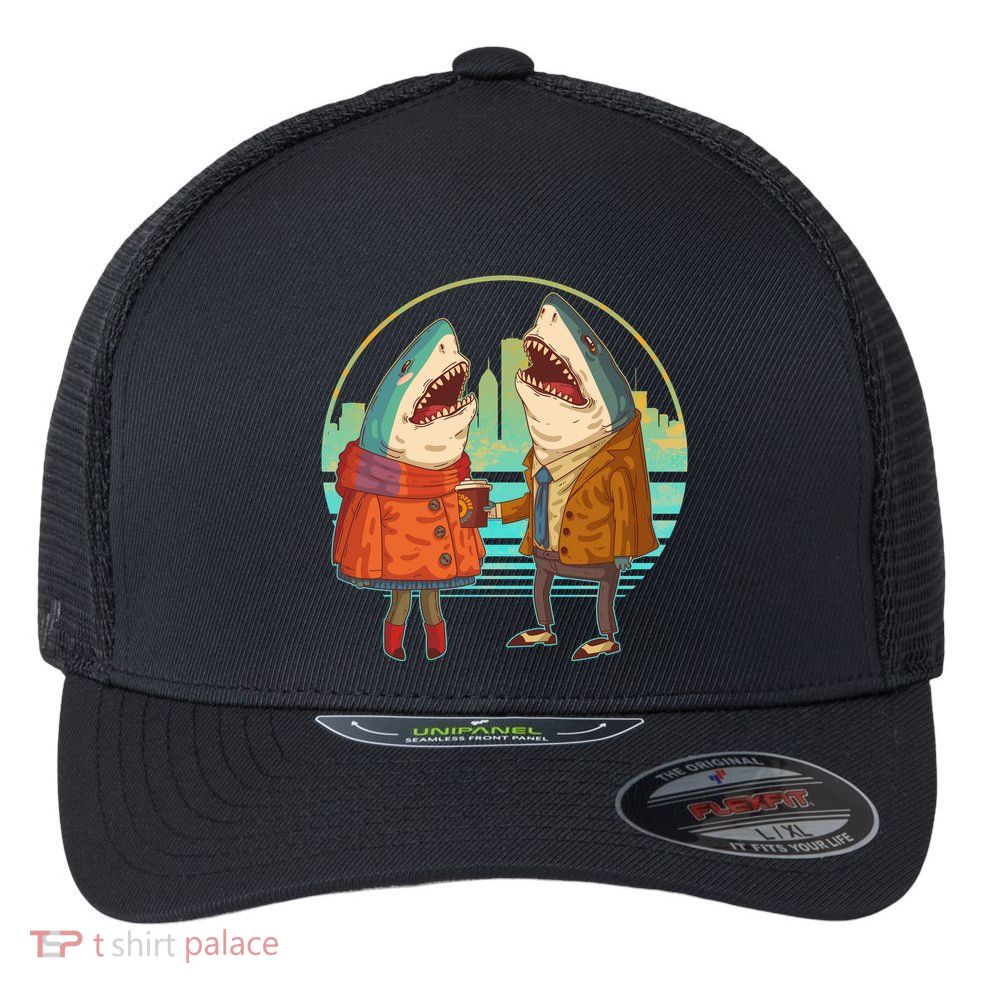 Funny Hipster Shark Couple Flexfit Unipanel Trucker Cap