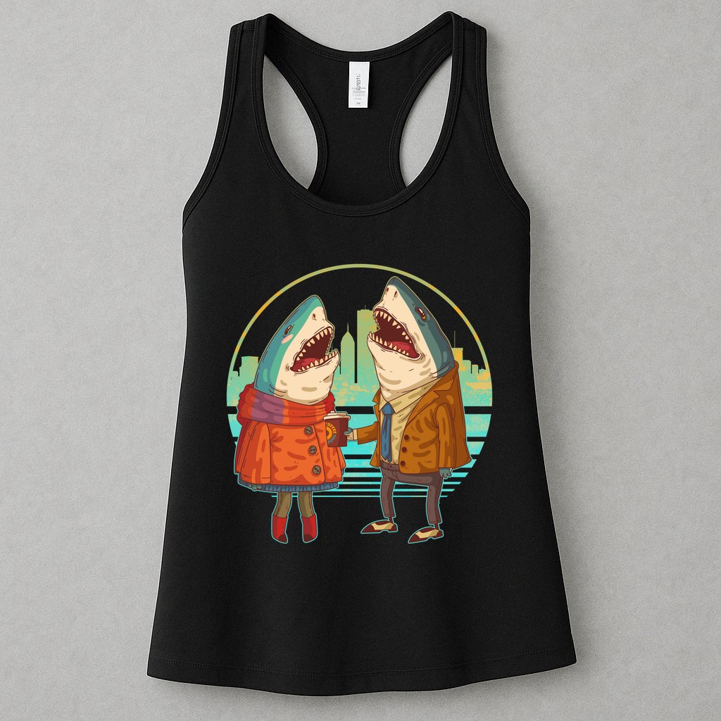 Funny Hipster Shark Couple Womens Tank Top