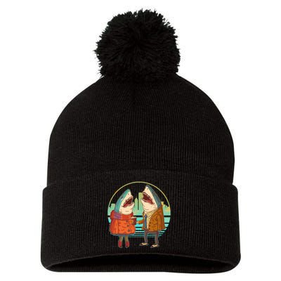 Funny Hipster Shark Couple Pom Pom 12in Knit Beanie