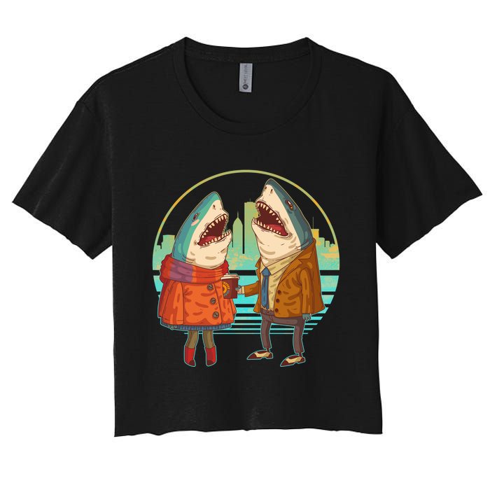 Funny Hipster Shark Couple Women's Crop Top Tee