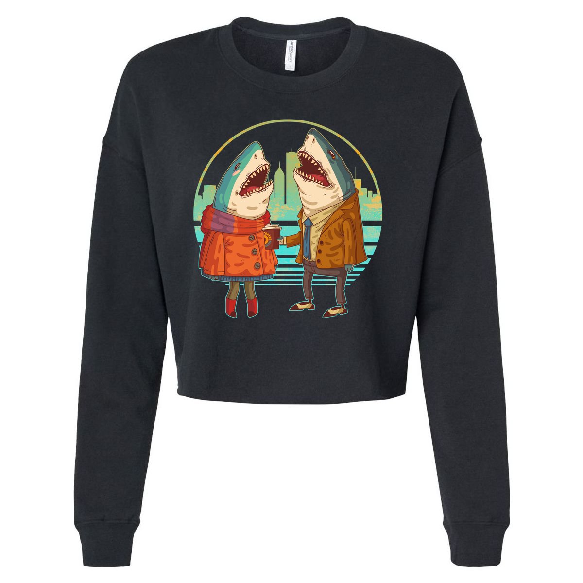 Funny Hipster Shark Couple Cropped Pullover Crew