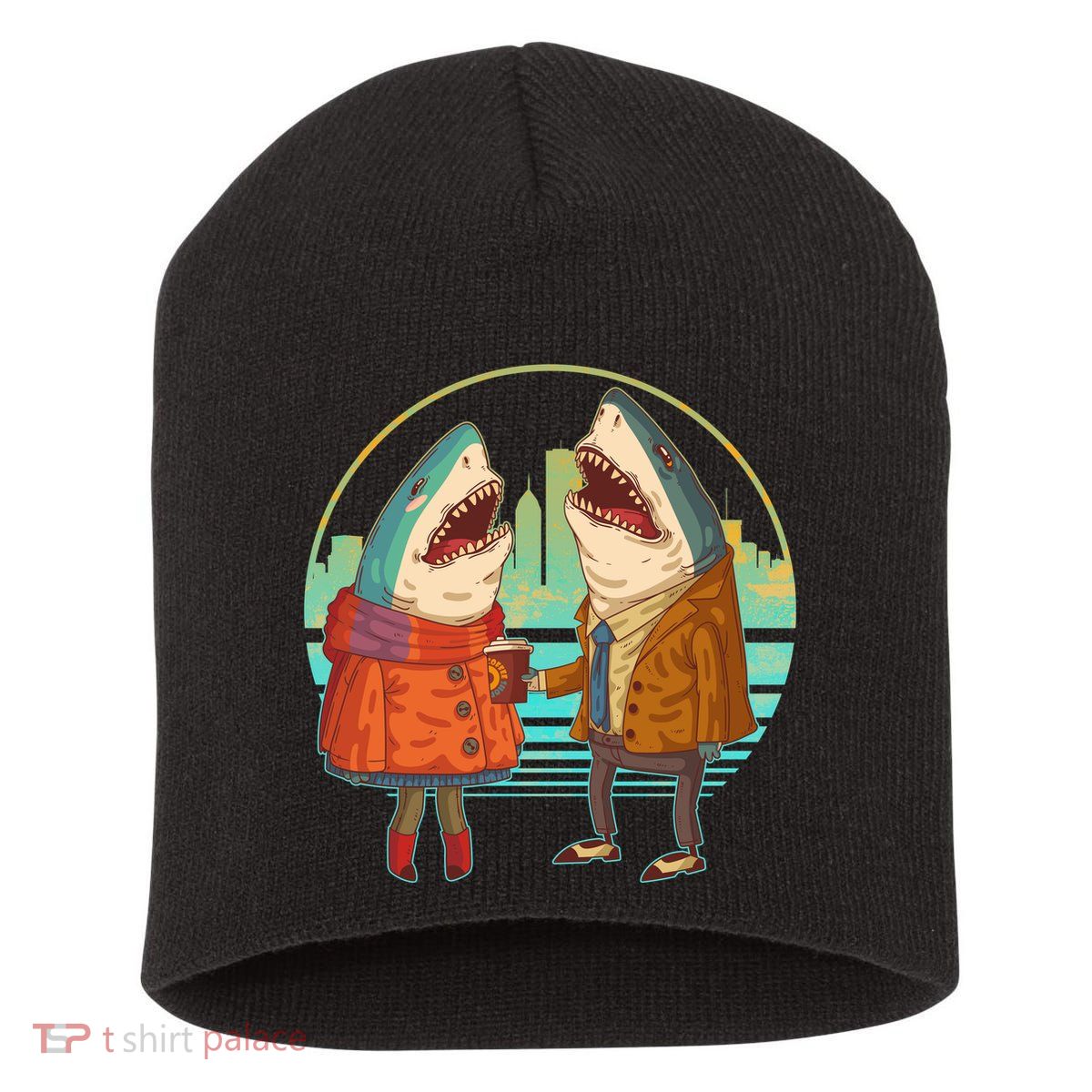 Funny Hipster Shark Couple Short Acrylic Beanie