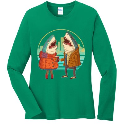 Funny Hipster Shark Couple Ladies Long Sleeve Shirt