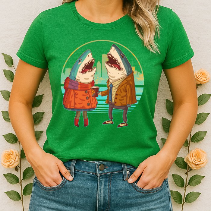 Funny Hipster Shark Couple Womens T-Shirt