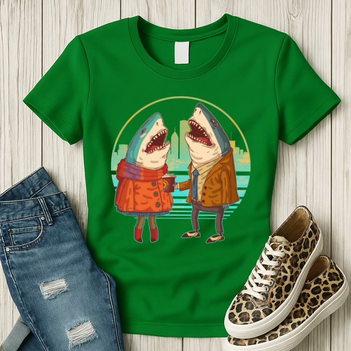 Funny Hipster Shark Couple Womens T-Shirt