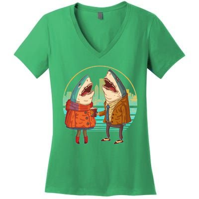 Funny Hipster Shark Couple Women's V-Neck T-Shirt