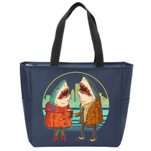 Funny Hipster Shark Couple Zip Tote Bag