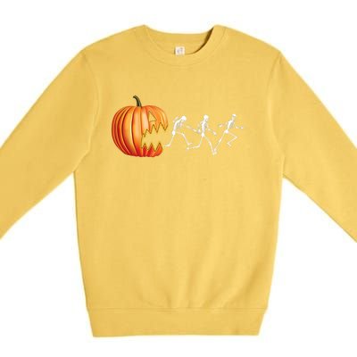 Funny Halloween Skeleton Running Pumpkin Jack O Lantern Eating Premium Crewneck Sweatshirt