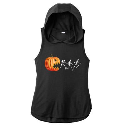 Funny Halloween Skeleton Running Pumpkin Jack O Lantern Eating Ladies PosiCharge Tri-Blend Wicking Draft Hoodie Tank