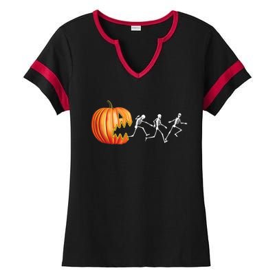 Funny Halloween Skeleton Running Pumpkin Jack O Lantern Eating Ladies Halftime Notch Neck Tee