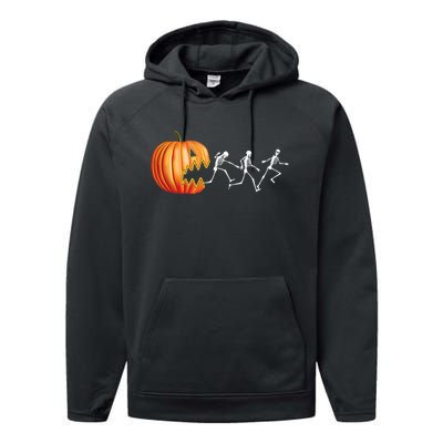 Funny Halloween Skeleton Running Pumpkin Jack O Lantern Eating Performance Fleece Hoodie