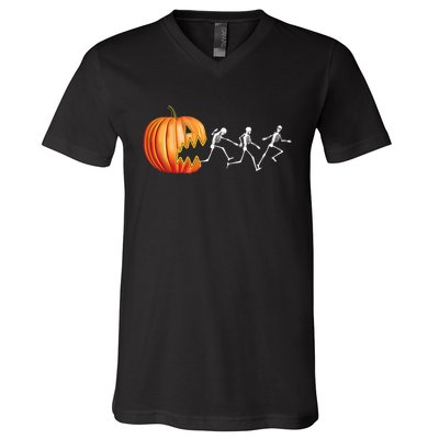 Funny Halloween Skeleton Running Pumpkin Jack O Lantern Eating V-Neck T-Shirt