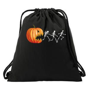 Funny Halloween Skeleton Running Pumpkin Jack O Lantern Eating Drawstring Bag