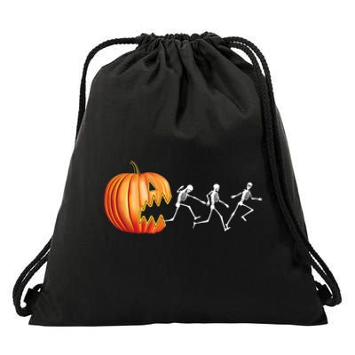 Funny Halloween Skeleton Running Pumpkin Jack O Lantern Eating Drawstring Bag