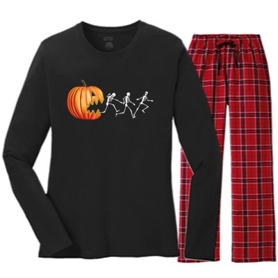 Funny Halloween Skeleton Running Pumpkin Jack O Lantern Eating Women's Long Sleeve Flannel Pajama Set 