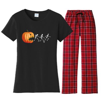 Funny Halloween Skeleton Running Pumpkin Jack O Lantern Eating Women's Flannel Pajama Set