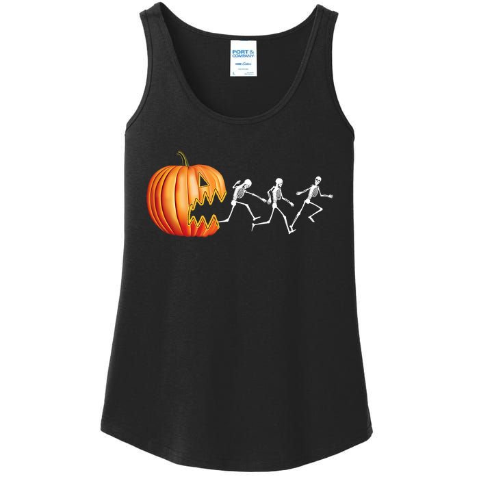 Funny Halloween Skeleton Running Pumpkin Jack O Lantern Eating Ladies Essential Tank